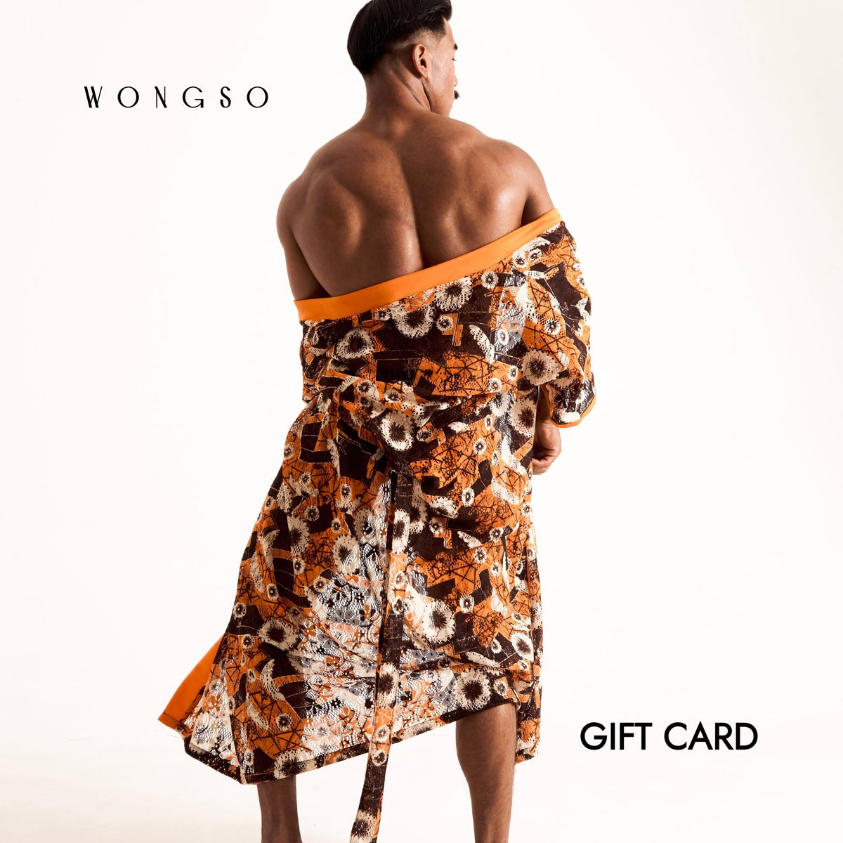 WONGSO Gift Card, showing a model from behind in an off-the-shoulder batik print robe with the WONGSO wordmark and 'Gift Card' text