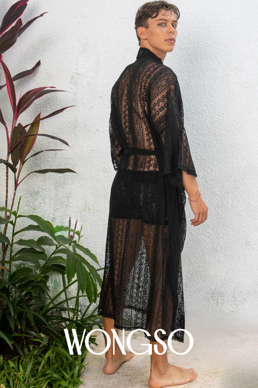 Black Lace Festival Kimono for men, worn open
