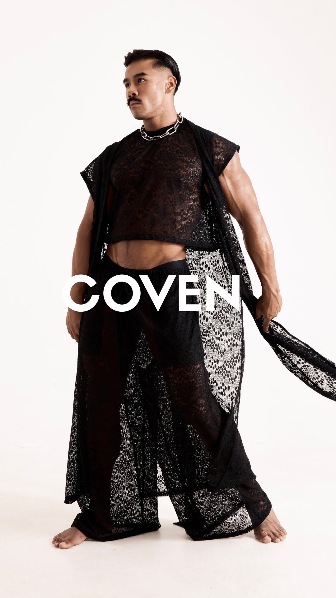 WONGSO Coven capsule, black sheer lace, festival and night wear for men