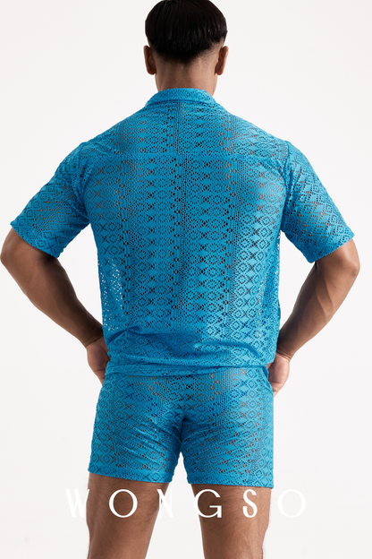 Full body back view of the WONGSO Boheme Sheer Lace Relaxed Shirt in Bali Blue on a male model. The tailored yet unrestrictive fit of the sheer blue lace showcases subverted Indonesian architectural motifs. Ideal for high-summer circuit parties and global nomads.