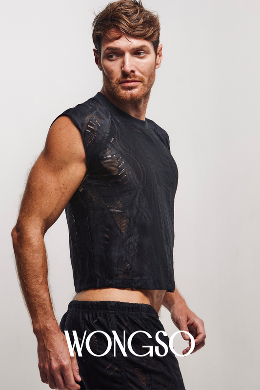 Batik lace sleeveless shirt in midnight black – queer take on traditional pattern