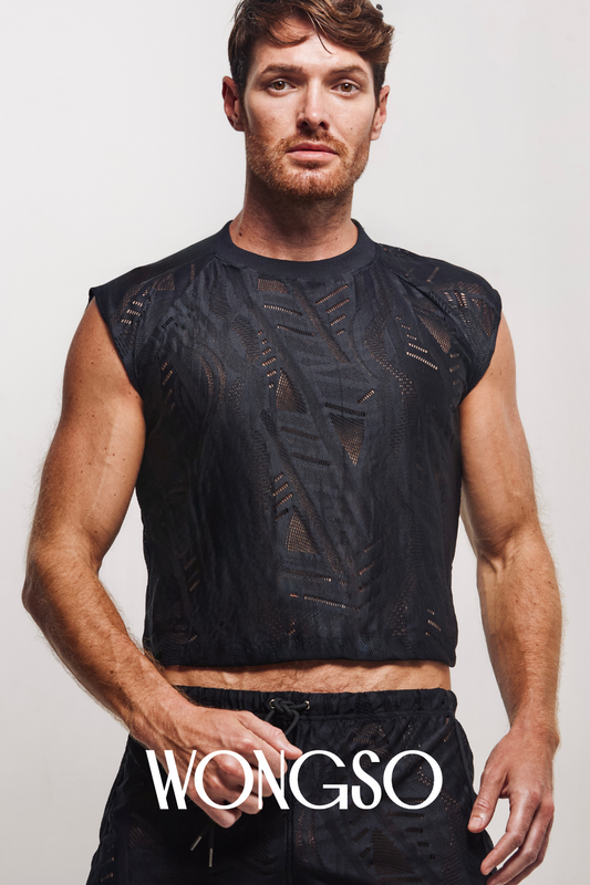 Midnight black lace shirt with batik-inspired pattern – sleeveless festivalwear