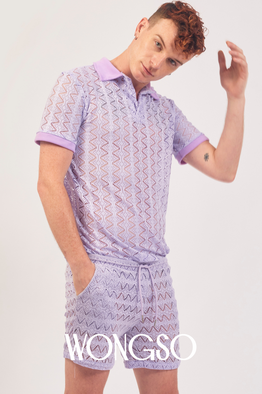 Front view of sheer lilac lace shirt for men – bold queer fashion statement by WONGSO