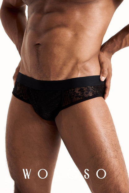Close-up front view of the leopard print lace briefs, showing the pouch and waistband detail. Men's lace underwear by WONGSO.