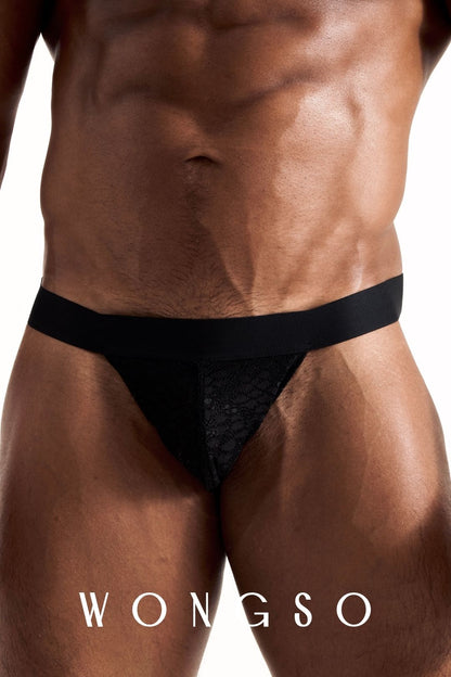 Close-up front view of the leopard print lace jockstrap thong pouch and waistband. Men's lace jockstrap by WONGSO.