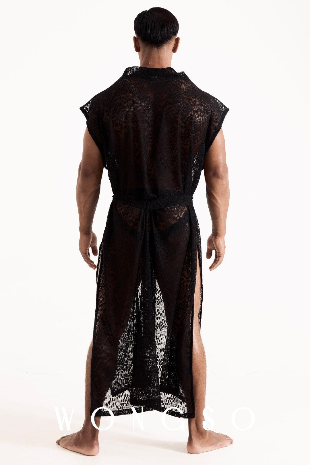 Full body back view of the Libertine leopard print lace kimono by WONGSO, showing the full-length drape. Men's statement kimono.