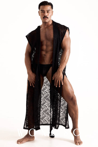 Close-up front view of the leopard print lace kimono worn open on a male torso, showing the lace texture and construction. Men's sheer lace kimono by WONGSO.