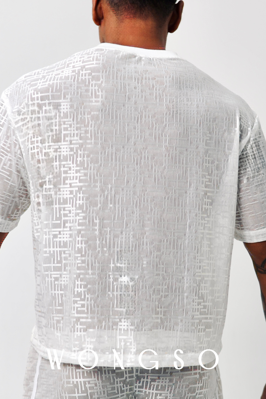 Back Close Up: Textured sheer fabric detail on men’s boxy cut silver white shirt – Libertine Collection
