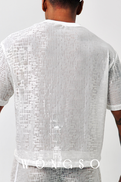 Back Close Up: Textured sheer fabric detail on men’s boxy cut silver white shirt – Libertine Collection