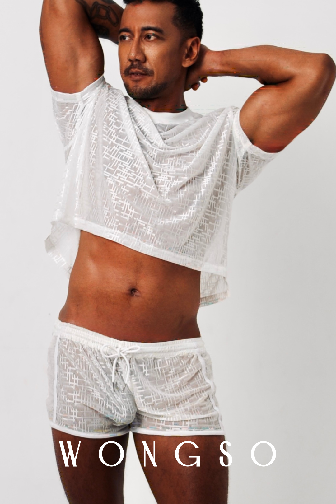 Front View: Men’s boxy cut shirt in silver white sheer fabric – Libertine Collection