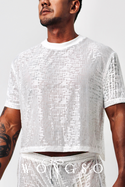 Close-up silver-thread woven detail on men’s boxy cut shirt – Libertine Collection