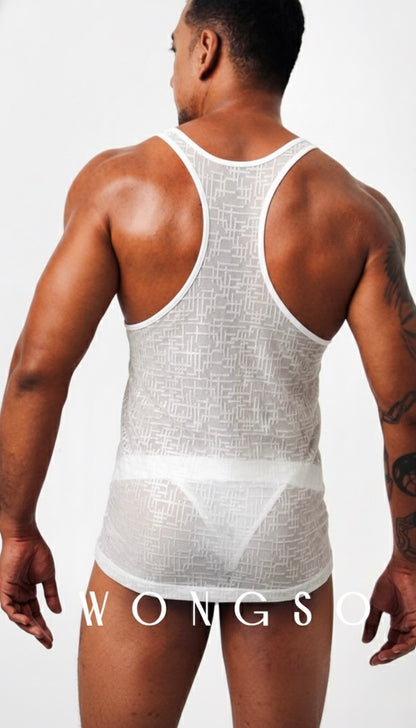 Close-up Back: Detailed back view highlighting breathable silver-white fabric of sheer muscle tank – Libertine Collection