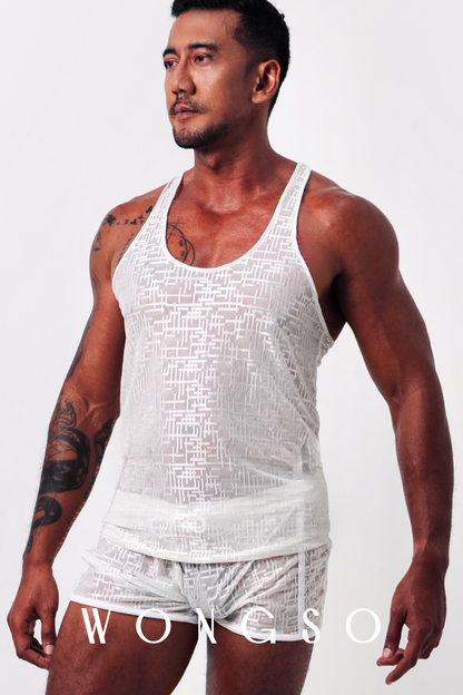 Back View: Back view of men’s sheer muscle tank in silver white with lightweight woven fabric – Libertine Collection
