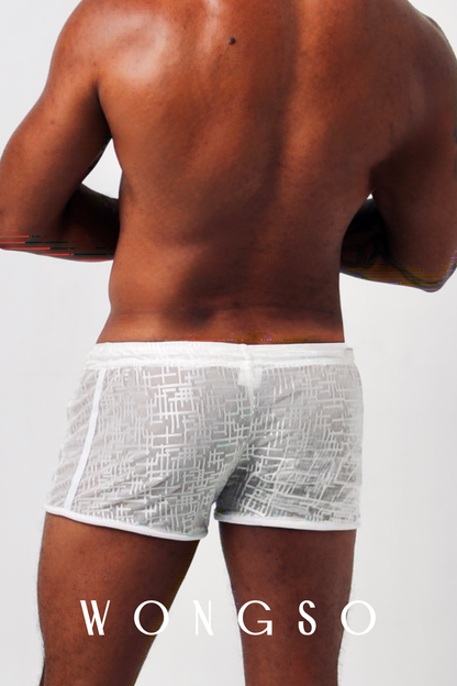 Close-up Back: Detail of breathable silver-white woven fabric on men’s sheer shorts – Libertine Collection