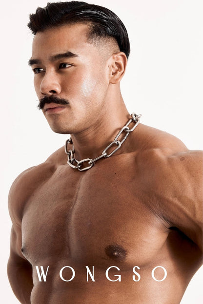 Close-up front view of the Libertine Thick Stainless Steel Chain Necklace by WONGSO, worn against bare chest. Men's heavyweight chain necklace.
