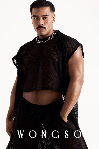 Full look view of the WONGSO chain necklace styled as part of the Coven capsule. Men's festival jewelry.