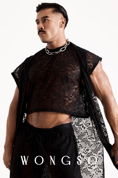 Full look front view of a male model wearing the stainless steel chain necklace with the Coven kimono. Men's statement jewelry by WONGSO.