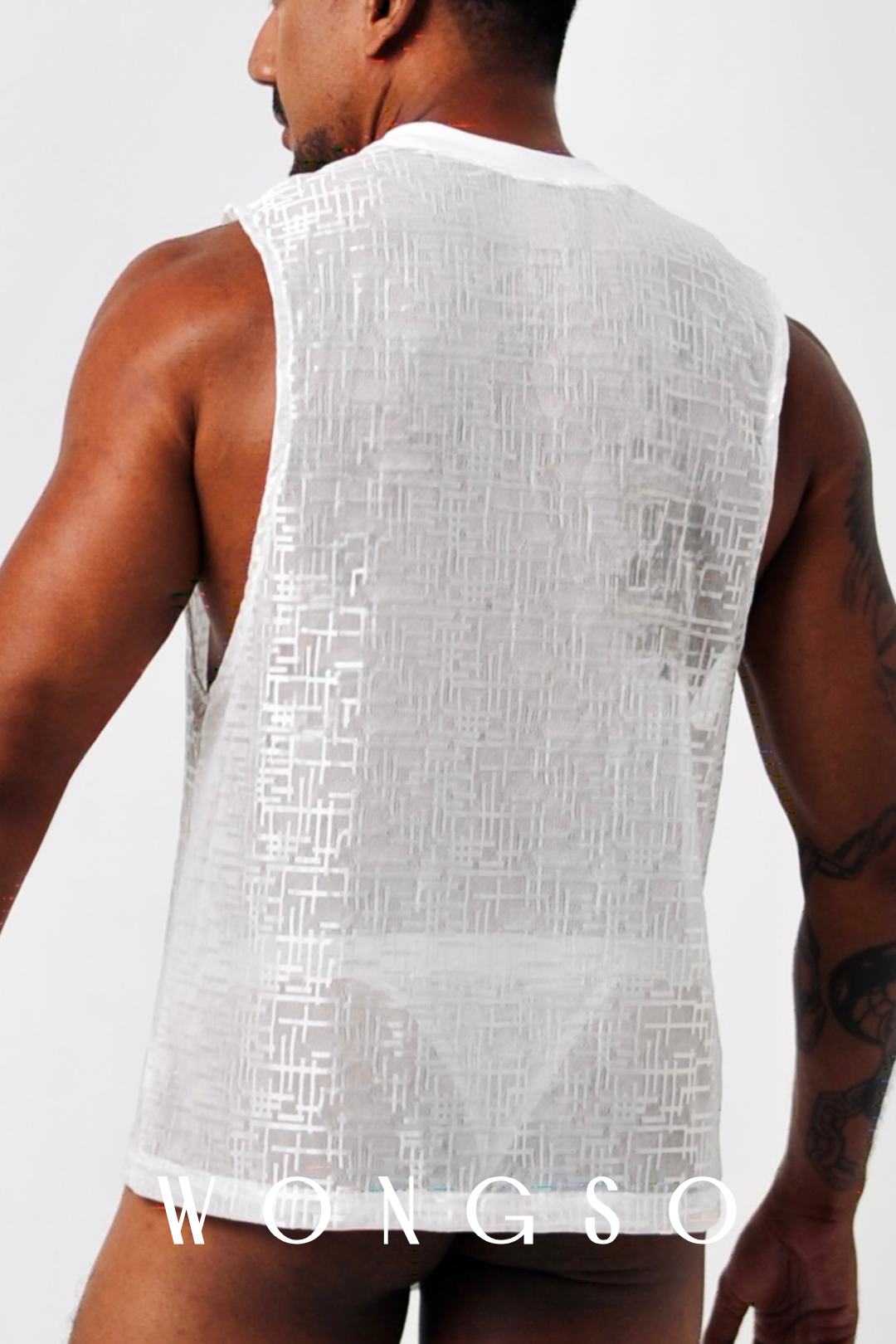 Close-up Back: Texture detail showing sheer woven silver-white fabric of men’s clubwear tank top