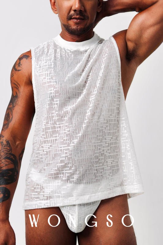 Close-up Front: Close-up detail of silver-thread mesh fabric on men’s sleeveless tank top