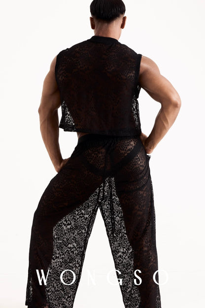 Full body back view of the Libertine crop lace top in Leopard Black on a male model. Men's boxy cropped festival top.