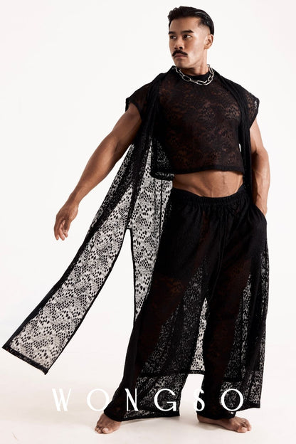 Full outfit look featuring the WONGSO Coven wide-leg trousers styled with the crop top and chain necklace. Men's queer festival fashion.