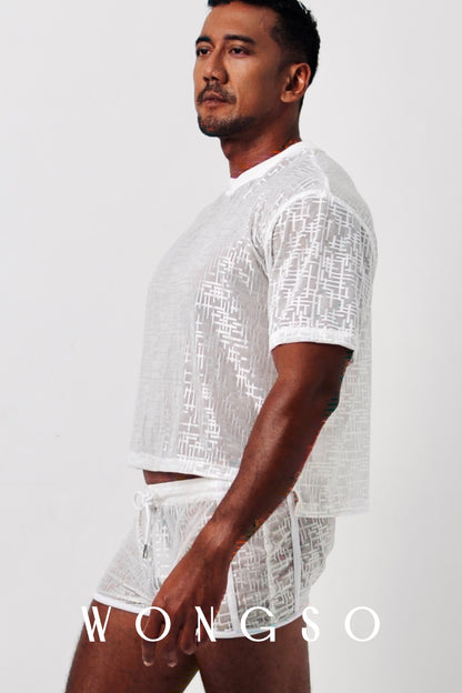 Back view of the WONGSO boxy cut men's shirt with a slightly cropped hem