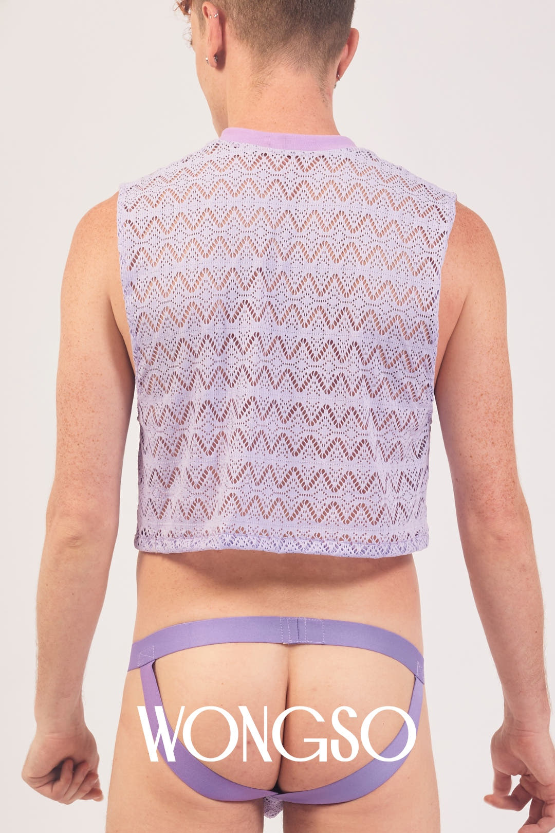 Back view of the WONGSO men's cropped lace tank top in lilac