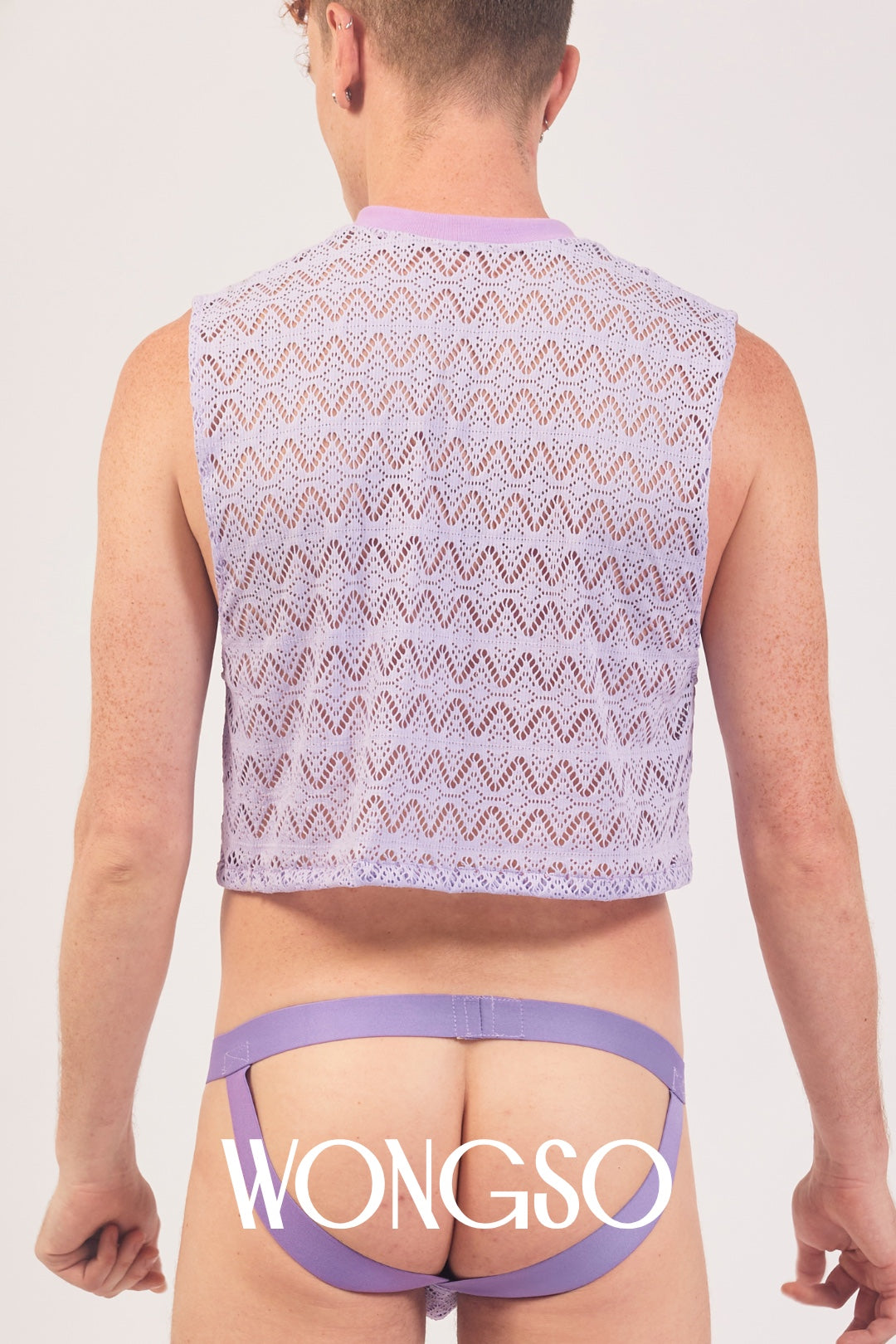 Back view of the WONGSO men's cropped lace tank top in lilac