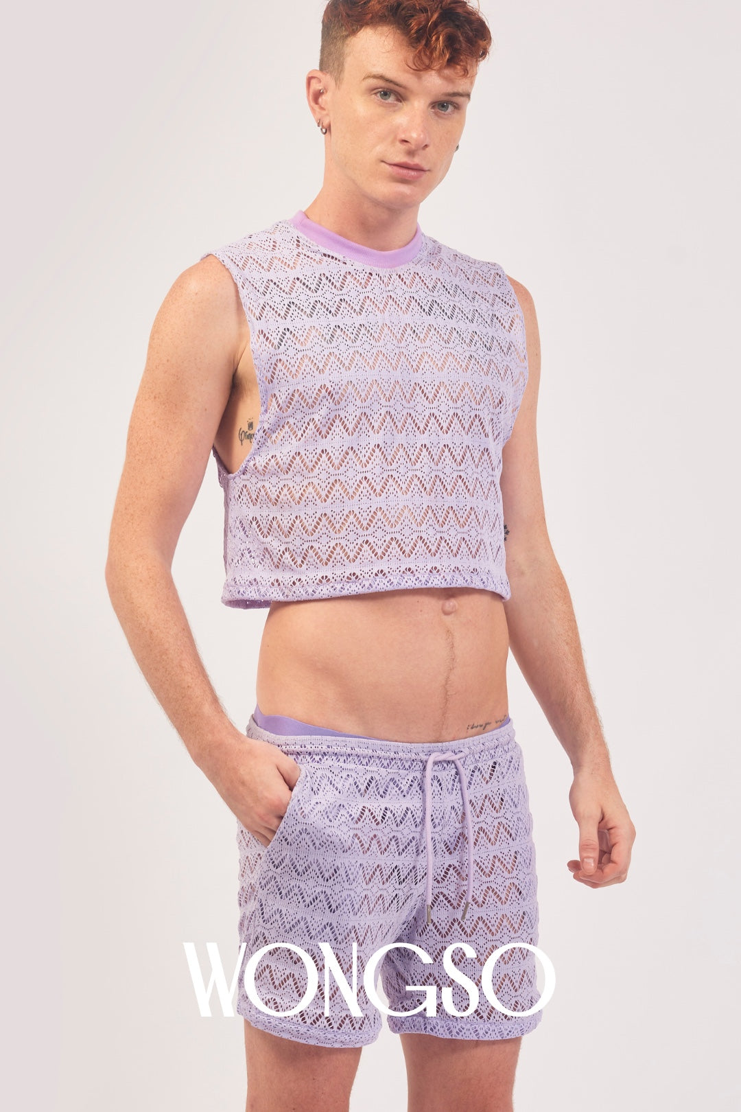 Styled outfit with WONGSO Lilac Lace Crop Top and matching lace shorts