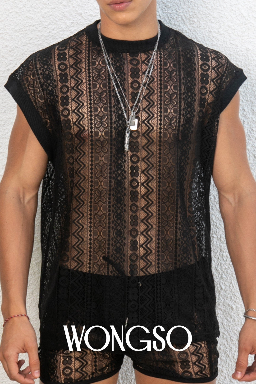 Back view of a male model wearing the WONGSO Black Lace Festival Shirt