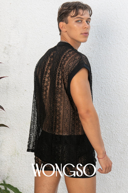 Men's sheer black lace shirt, open front styled for festival and pride looks by WONGSO