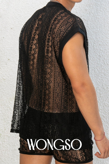 Close-up of the sheer black lace texture on WONGSO's festival shirt