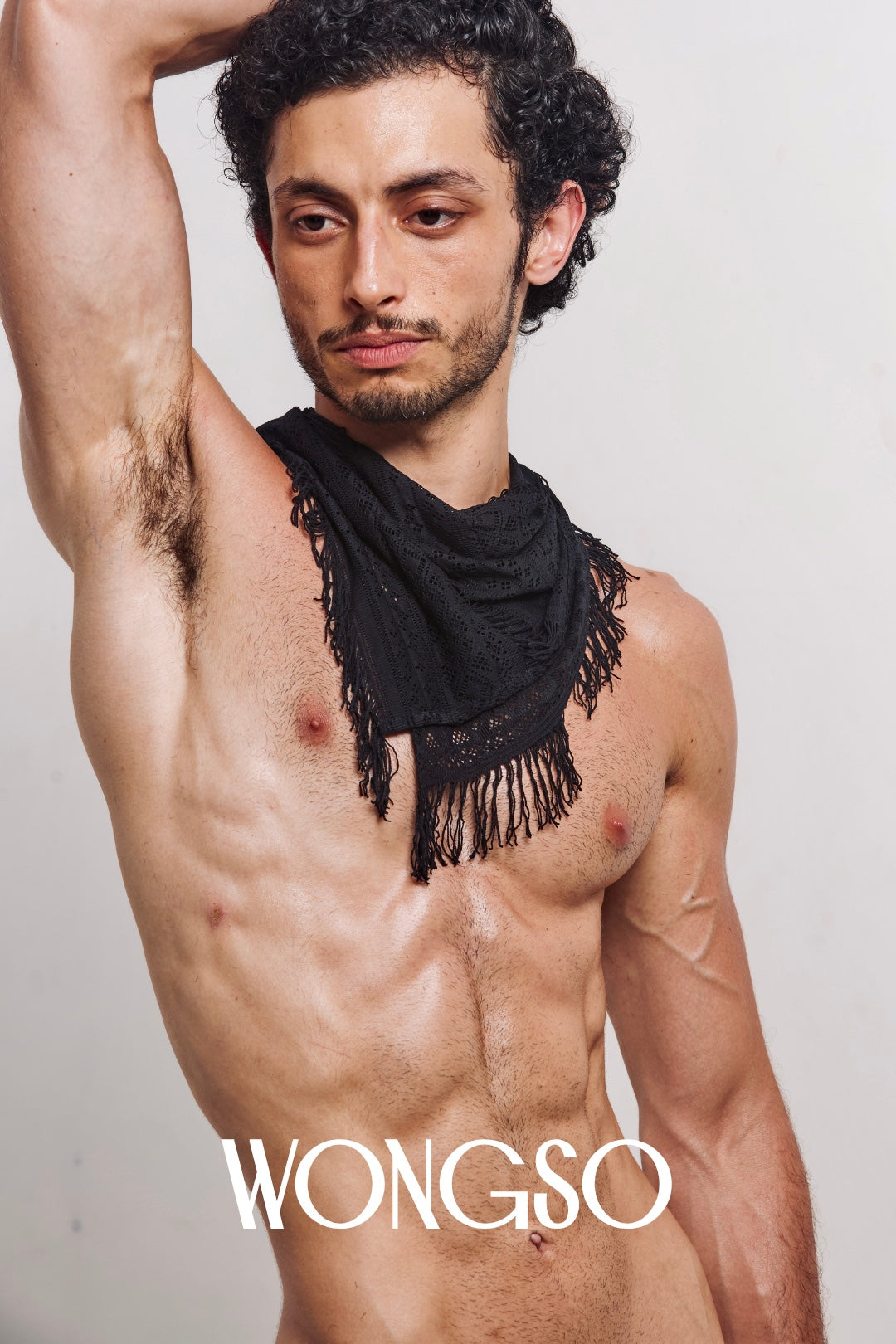 WONGSO Fringe Black Lace Bandana for men, worn as a neck scarf
