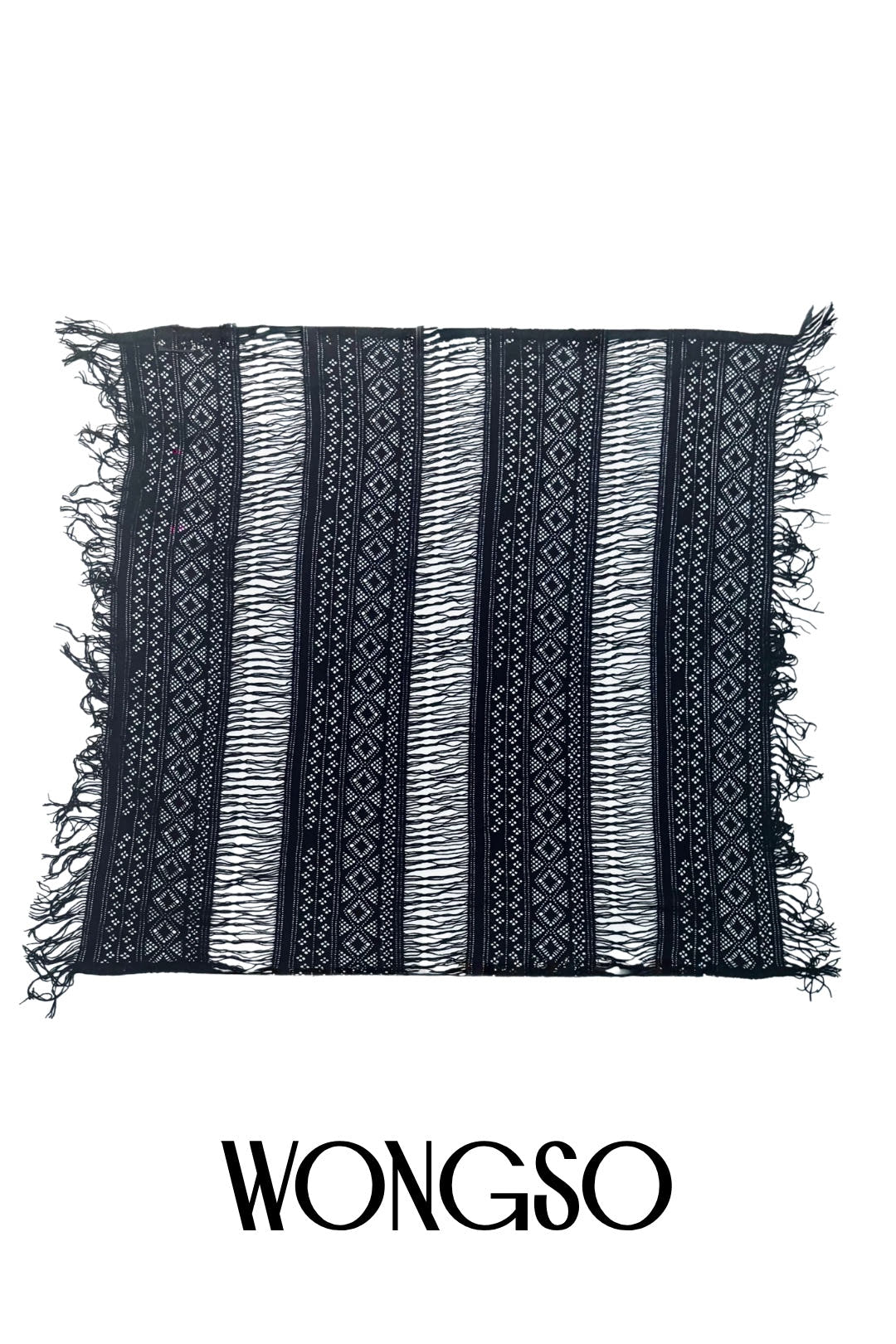 Close-up of the lace and fringe detailing on WONGSO's men's bandana