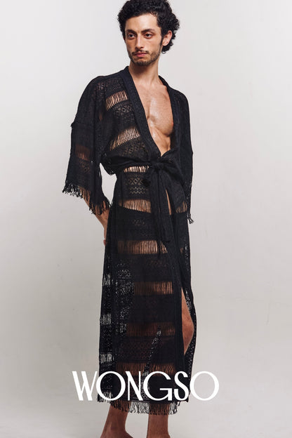 Model wearing the WONGSO sheer fringe lace kimono, front view