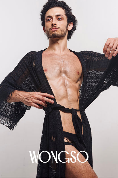 Close-up of the fringe and lace detail on WONGSO's Fringe Robe
