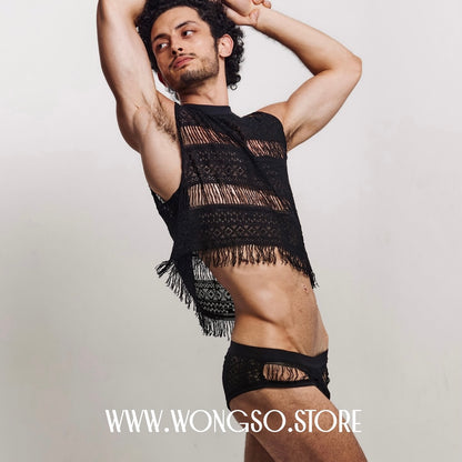 Model in the Fringe Black tank and lace underwear, arms raised