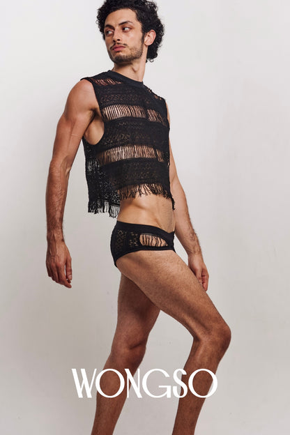 Man wearing the WONGSO fringe black mesh tank top
