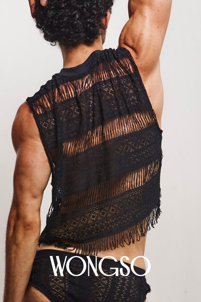 WONGSO fringe mesh tank top styled with lace briefs