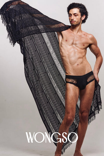 Model wearing the WONGSO Fringe Black Lace Sarong