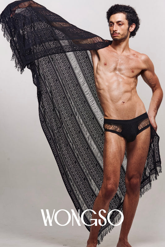 Model wearing the WONGSO Fringe Black Lace Sarong