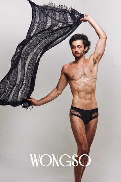 Men's WONGSO lace sarong styled with matching fringe pieces
