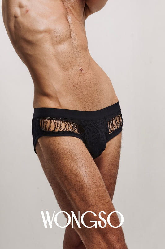 Close-up of the sheer mesh fabric and waistband on WONGSO's men's underwear