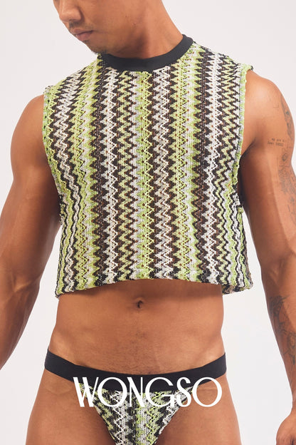 Front view of the WONGSO men's ribbed green knit crop top