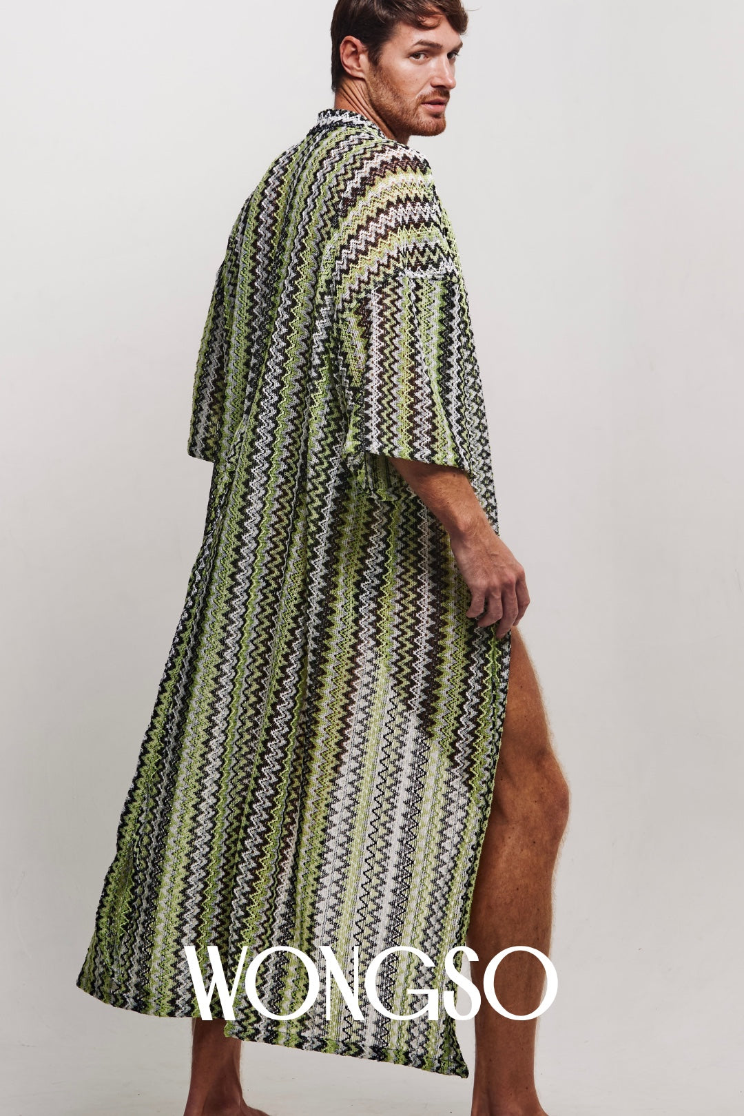 Model wearing the WONGSO green knit kimono