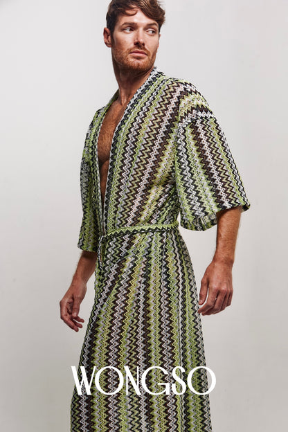 Detail of the green knit texture and open sleeves on WONGSO's kimono