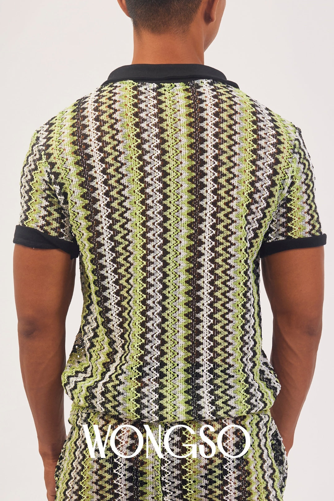 Lightweight WONGSO knit polo for men in soft green, styled for a beach party