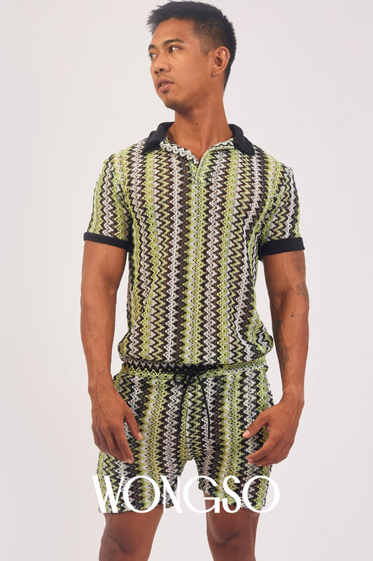WONGSO Boheme Green Knit Polo Shirt - comfy playful festival wear