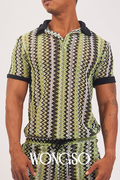 Queer model in the WONGSO sage green knit polo shirt - breathable men's summer wear