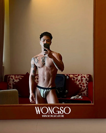 Model in the Green Knit jockstrap, mirror selfie